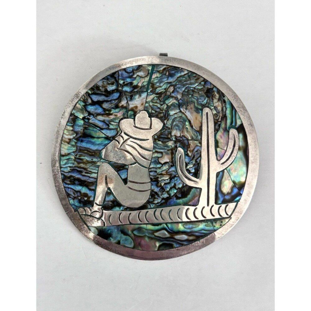 Vintage Mexico 925 Sterling Silver Abalone Inlay Brooch Pin Cactus Desert